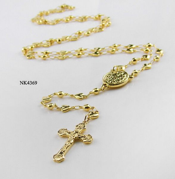 Sweet Style 5 mm WomenGirls'Gift Gold Rosenkranz Halskette Edelstahl Religiöse Jusus Kreuz Perlen Herzen Kruzifix270K