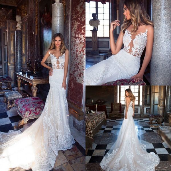 

milla nova wedding dresses sheer lace appliques bohemian bridal gowns sweep train beach mermaid wedding dress vestidos de novia, White