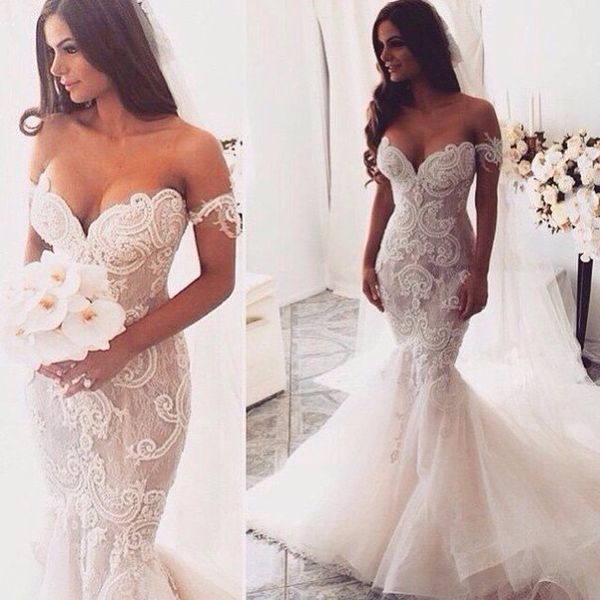 

gorgeous lace wedding dresses off-shoulder lace applique mermaid bridal gowns organza exquisite wedding gowns vestidos chic, White