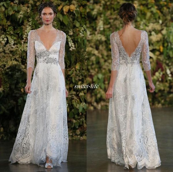 

vintage 2019 silver lace wedding dresses a line plunging v-neck open low back beaded belt sheer long sleeves floor length bridal gowns, White