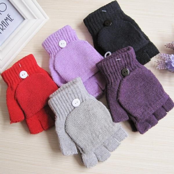 

wholesale-fashion soft thermal fingerless gloves winter warm half finger flip knitted mittens, Blue;gray