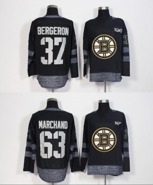 

100th Anniversary Hockey Jerseys Boston Bruins #63 Brad Marchand 37 Patrice 100th Patch Black 100% Stitched Jersey