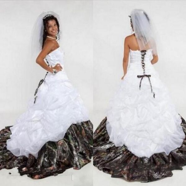 

new camo wedding dress sweetheart lace up strapless sleeveless appliques a line satin floor-length vestidos de novia princesa, White