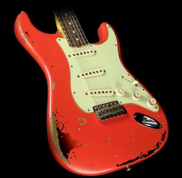 

custom shop handmade michael landau signature 1963 heavy relic st electric guitar fiesta red over 3-tone sunburst alder body maple neck