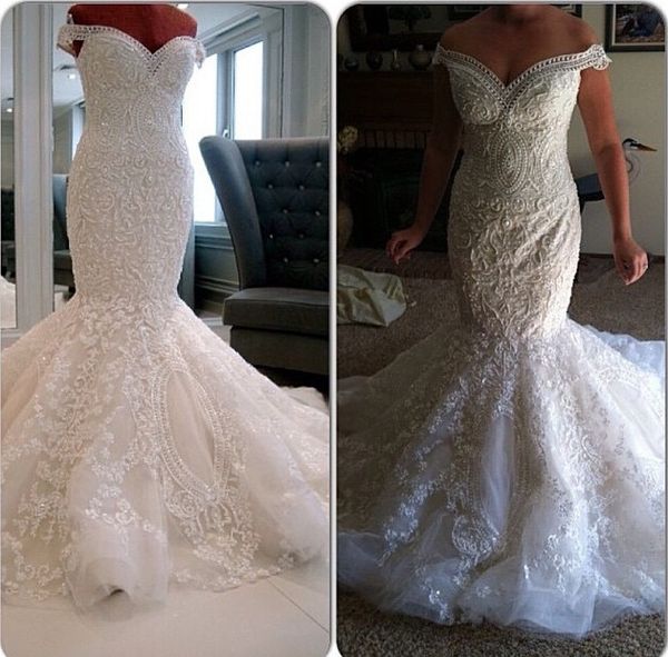 

real image white lace bead wonderful new wedding dresses off-shoulder mermaid sweep train bridal gowns vintage plus size