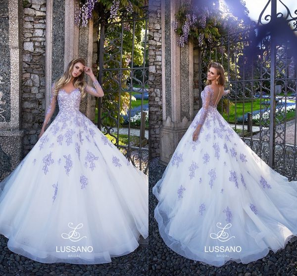 Büyüleyici Lavanta Illusion bodices A Hattı Gelinlik 2018 Şeffaf Boyun Uzun Kollu Dantel Aplike Plaj Gelinlik Custom Made