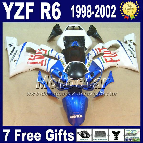 YAMAHA YZF600 YZF R6 1998 için ABS Tam Kaplama Kiti 1999 2000 2001 2002 YZF-R6 98-02 Beyaz Mavi Siyah Motosiklet Kurayları VB12
