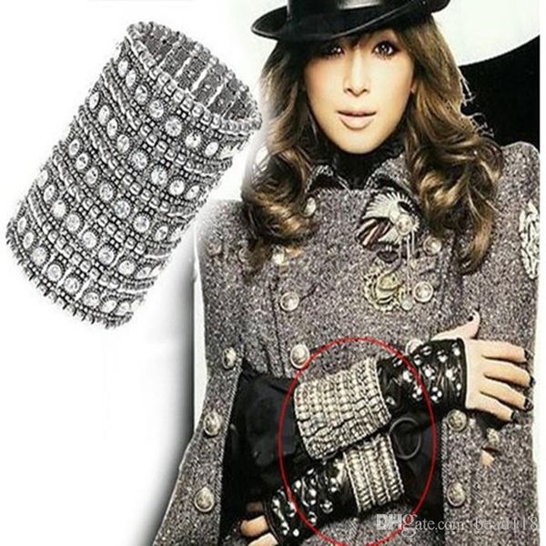 

1pcs luxury antique 1 row 2 row 3 row etc antique silver clear crystal silver tone stretch bracelet exquisite, White