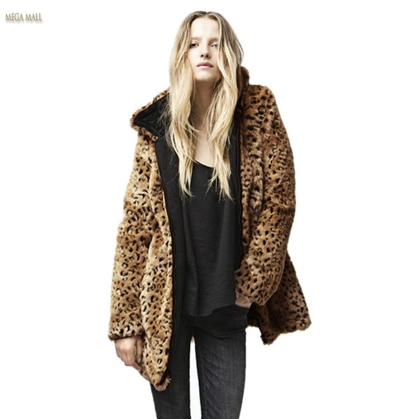 Wholesale-Plus Size Winter Coat Women Warm Hooded Leopard Print Faux Fur Coat Female Overcoat High Waist Winter Jacket Outerwear L XL ZDD