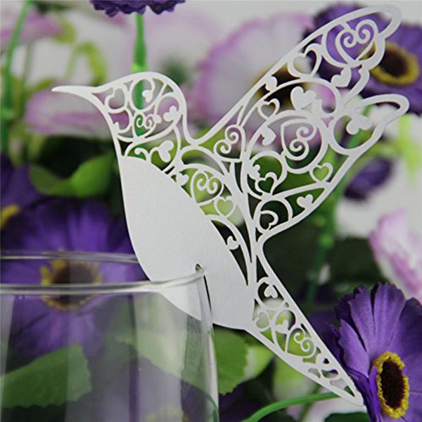 Wholesale- DIY Place Card Flying Birds Cups Glass Wine Wedding Name Cards Laser Cut Pearlscent Paper Cards Birthday Party Decoration 50pcs