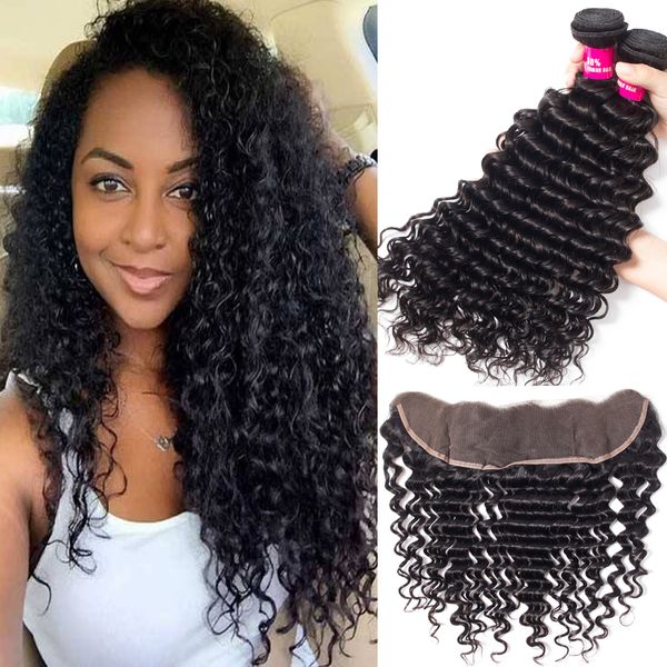

brazilian deep wave virgin hair 3 bundles with 13x4 lace frontal closure 100% human hair weave brazilian peruvian malaysian deep wave hair, Black;brown