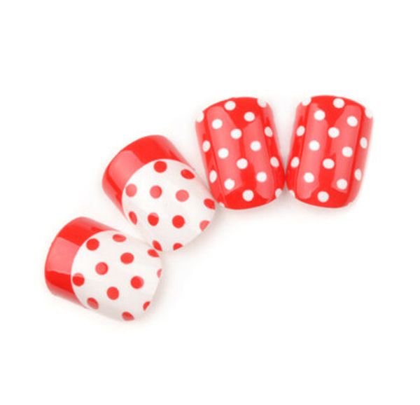 

wholesale-mn-new arrival, red dots long fasle nails/tips 24pcs/set with 2g gule office /ol favorite , brand export, Red;gold