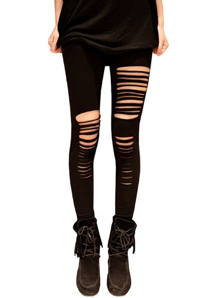 

fashion casual women hollow striped cotton fantasy ripped legging, Black