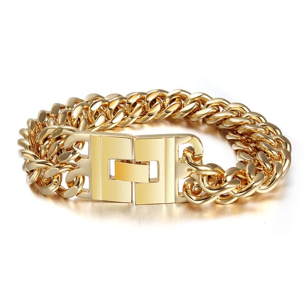 

xmas style new design 316l stainless steel gold plated two row curb chain jewelry clasp bracelet bangle fashion mens gifts, Black