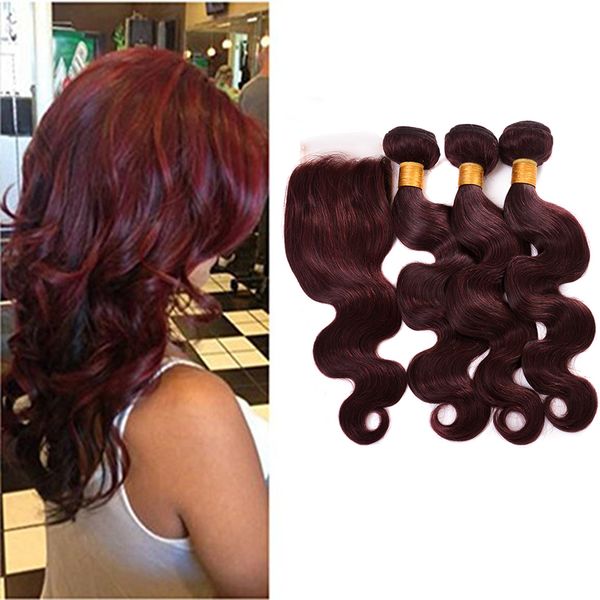 2019 7a 99j Red Peruvian Body Wave Human Hair Extension 3 Bundles Dark Wine Red Color Peruvian Virgin Hair Burgundy Weave With Closure From
