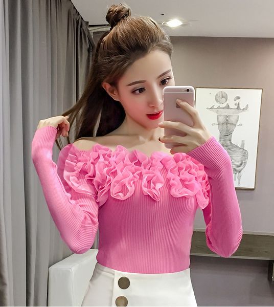 

new arrive women's autumn winter sweater knitwear women's fashion flowers slim pullover sweater off shoulder knitting sweater, White;black