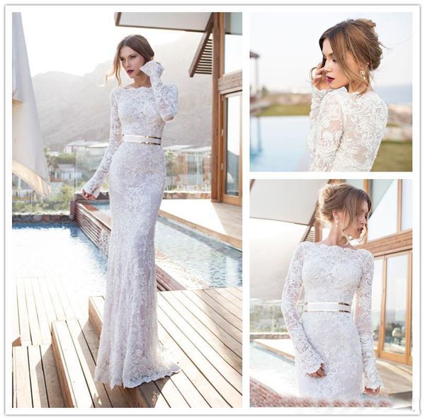 

long sleeves wedding dresses jewel neck lace applique sash mermaid bridal gowns sweep train beach 2018 bridal dress, White