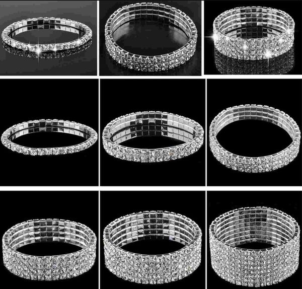 

1/2/3/4/5/6/7/8 /9 rows crystal rhinestone bracelet stretch bracelet bangle bling wristband women wedding bridal bracelet jewelry, Golden;silver