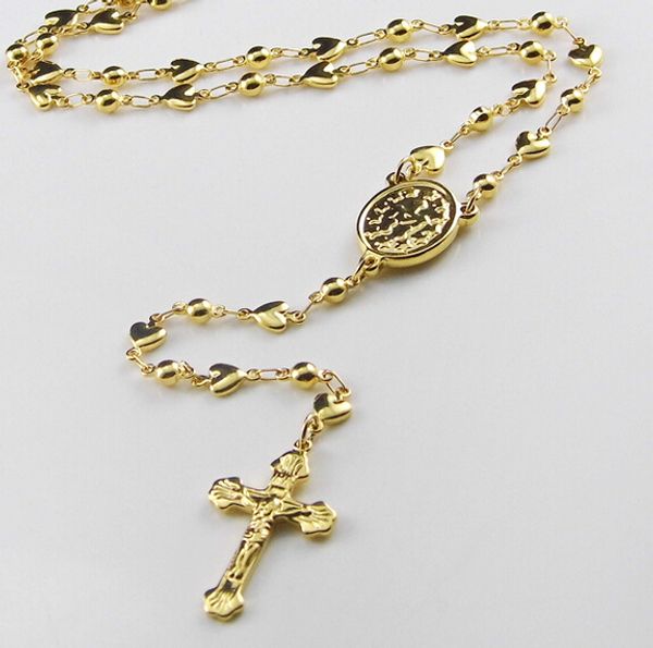 Sweet Style 5 mm WomenGirls'Gift Collana con rosario in oro Acciaio inossidabile Religioso Jusus Croce Perline Cuori Crocifisso