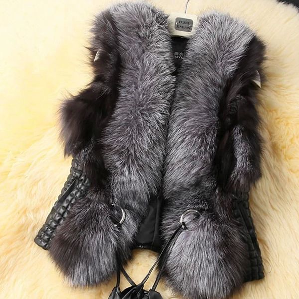 Wholesale-2015 Womens Faux Fur Vest Leather Coat Waistcoat Plus Size Jacket Vest Winter Coat Gilet Adjustable Belt  Free Shipping