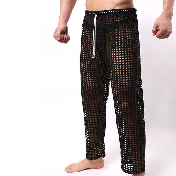 Atacado-Sexy Mens Pants Sleepwear Ver Através Big Mesh Lounge Pyjama Bottoms Loose Calças Low Rise Casais Gay Masculino Fetiche Sexo Desgaste