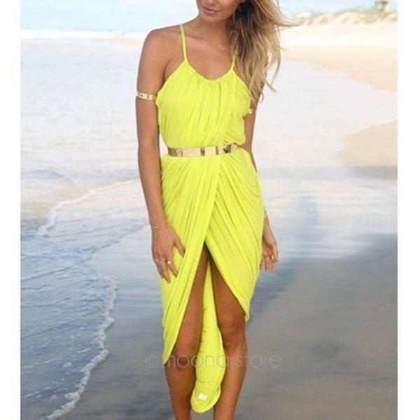 

wholesale-2015 new summer women neon asymmetry slit beach dress ladies party evening maxi dresses club vest dress black,white,red *11, Black;gray