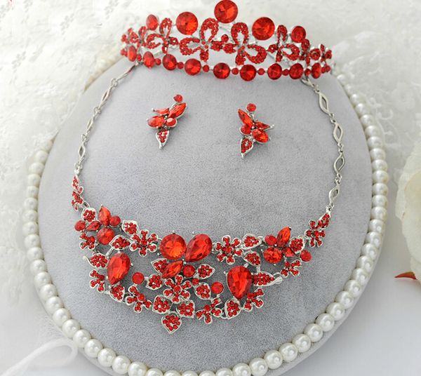 Бесплатная доставка красный кристалл Rhinestone свадебные партия Tiara серьги ожерелье комплект ювелирных изделий партии свадебные аксессуары женские