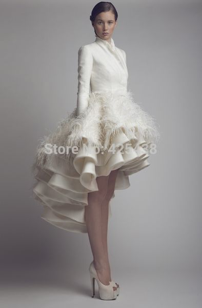 

2020 vestidos ashi studio long sleeve tired bottom short front and long back ostrich feather dresses, White