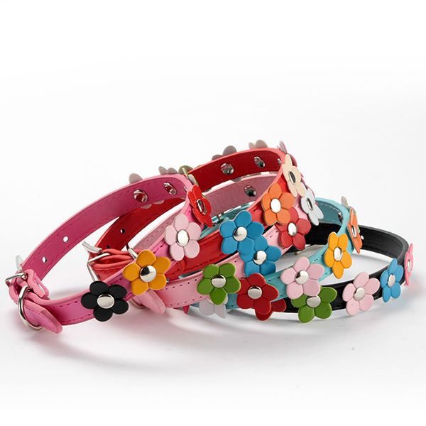 

wholesale-sweet lovely studded flowers leather puppy pet dog cat collar pets dogs buckle neck strap pup products free&drop shipping