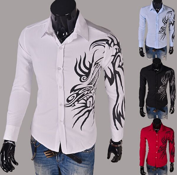 

2015 spring men cultivating autumn men's long-sleeved shirt dragon shirt printing korean fashion white shirt, White;black
