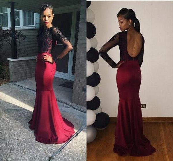 Abiti da sera a maniche lunghe sudafricani 2k15 Abiti da festa di ballo di tromba di pizzo nero bordeaux Abiti eleganti da ballo per ragazza senza schienale con scollo a barchetta