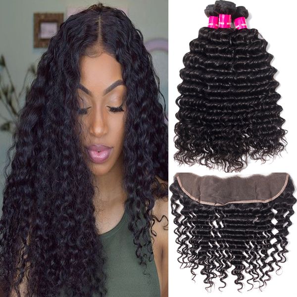 

3 bundle brazilian deep wave human hair bundles with 13x4 lace frontal closure with hair braziliain peruvian indidan hair, Black;brown