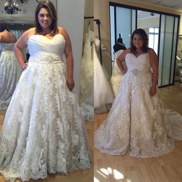 

plus size wedding dresses sweetheart lace appliques bridal gowns for fat women sweep train a line wedding dress vestido de novia, White