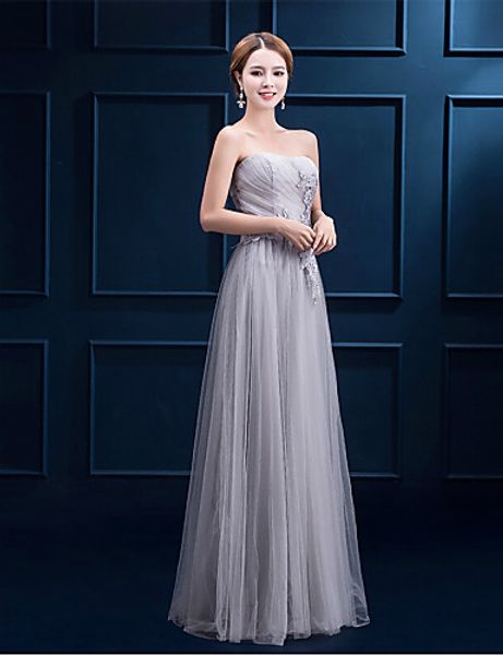 

2016 new custom fabulous ping silver a-line lace-up strapless appliques floor-length tulle bridesmaid dress 118, White;pink