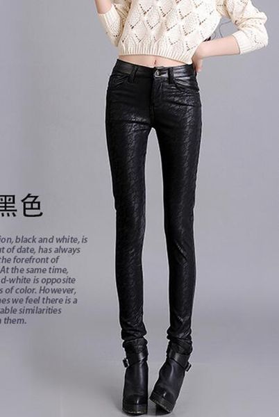 

han edition leisure women new winter fashion show thin elastic waist with velvet in tight little pencil leather pants. s - 4xl, Black;white