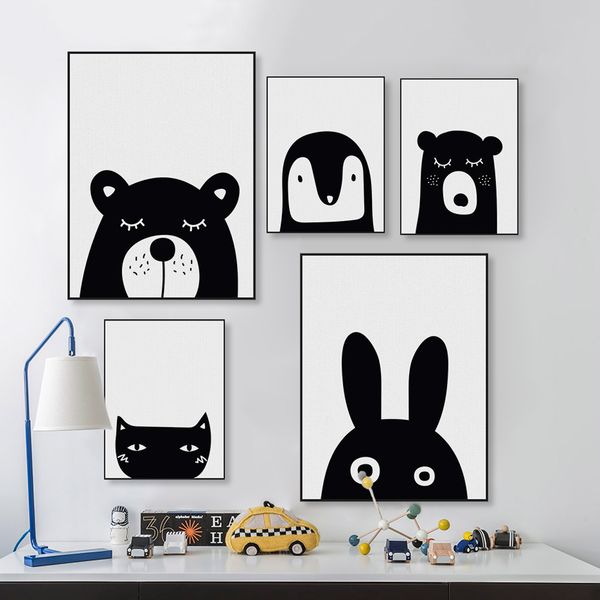 2019 Black White Kawaii Animal Bear Cat Rabbit Poster Nordic Baby Kids Room Wall Art Canvas Painting Home Deco Print Picture No Frame From