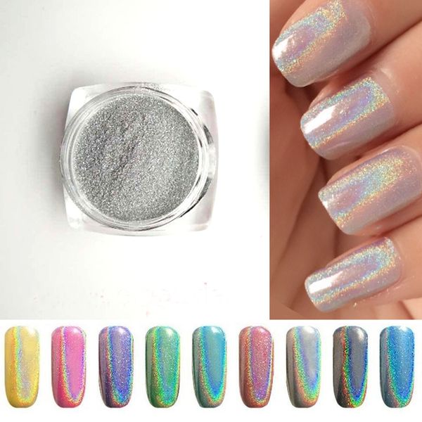 

wholesale- 2g/bottle silver laser holographic nail powder glitter nail art rainbow chrome pigments diy manicure charms nail art decorations, Silver;gold