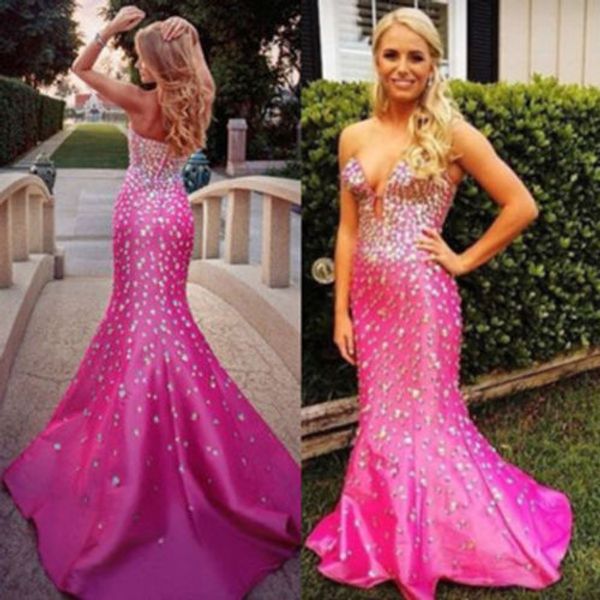 2016 Hot Vestidos De Baile de Cristal Frisado Romântico Rosa Vermelha Sereia Vestidos de Festa Profunda Decote Em V Sexy Noite Vestidos de Formatura de Formatura