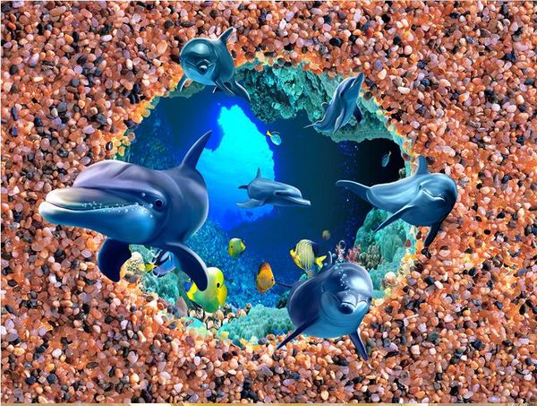 

three-dimensional marine world dolphin floor painting 3 d wallpaper for walls
