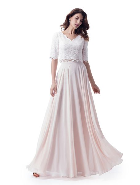 Две штуки длинные скромные платья подружки невесты с половиной рукава кружевной верхней части шифон юбка пастельные покраснение розовые 2 шт. Свадебные платья