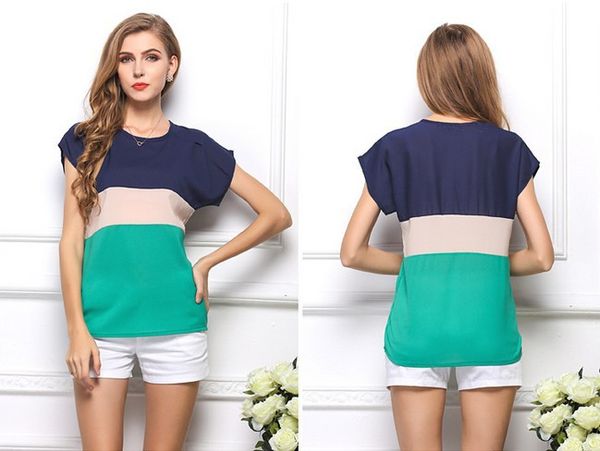

wholesale-2015 popular women fashion casual loose colors collision cool summer shirt was thin short sleeve blouse, White