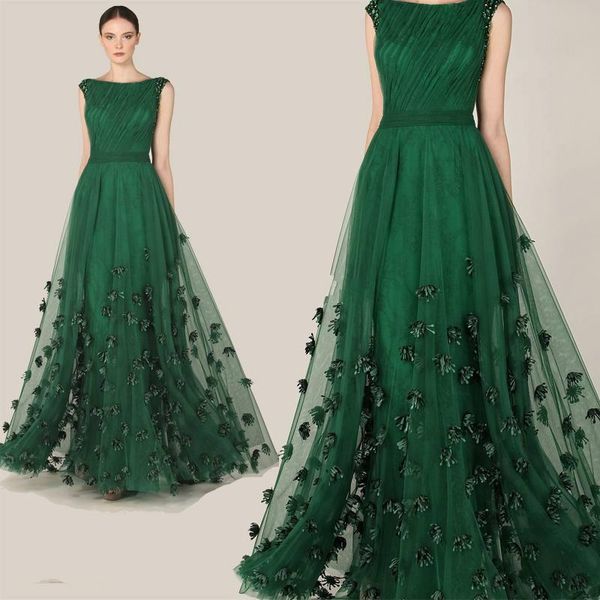 2016 Großhandel Elie Saab Kleider Bescheidenes Kleid Abend Sexy Geraffter Bateau-Ausschnitt Elegantes Grün A-Linie Applikation Chiffon Formelle Promi-Kleider