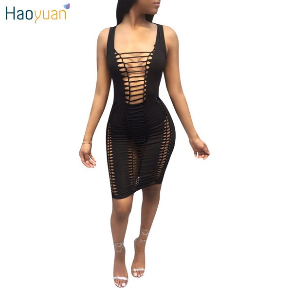 HAOYUAN Preto Branco Oco Out Sexy Bandage Vestido de Verão Roupas Baratas China Sun Bodycon Vestido Mulheres Night Club Party Dresses q1110