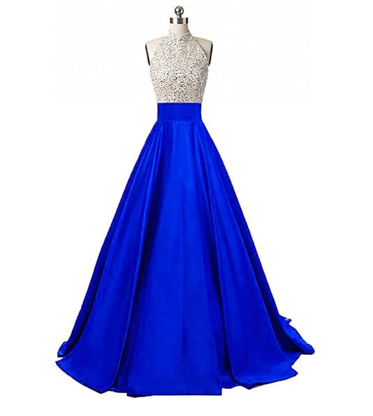 

satin evening dresses long 2018 beaded jewel neck evening gowns backless prom dresses elegant party dresses, Black;red