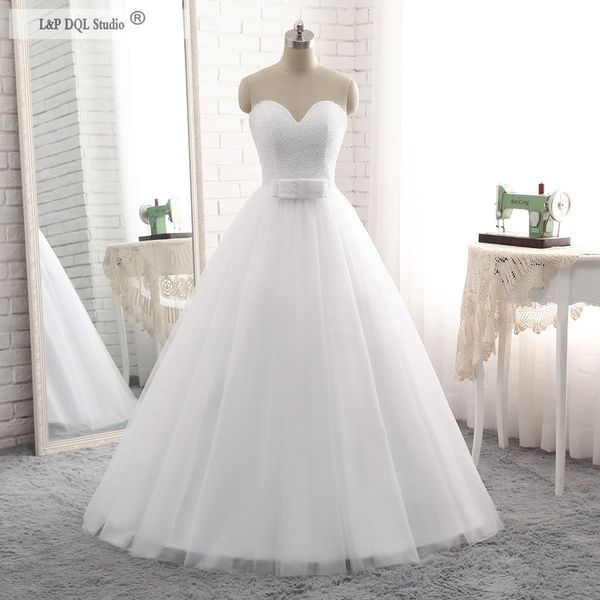 Sparkling Top White Ball Gown Abiti da sposa Plus Size Abiti da sposa Lace-up Back Fiocco staccabile vestido de novia