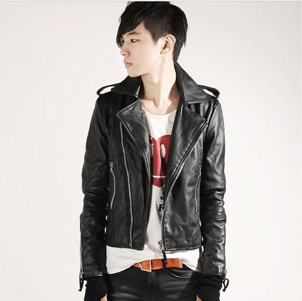 

fall-men's fashion leisure turn-down collar sim faux leather jacket 2p3, Black