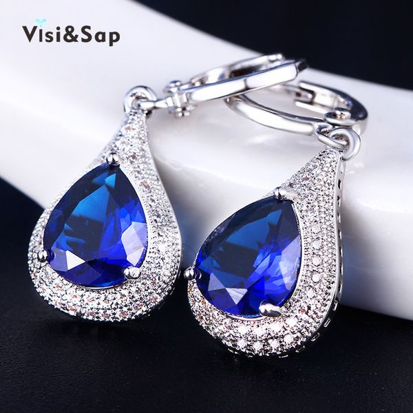 

оптово-visisap ocean blue серьги кубических ювелирных изделий свадебные обручальные серьги для женщин модные ювелирные изделия белое золото, Golden;silver