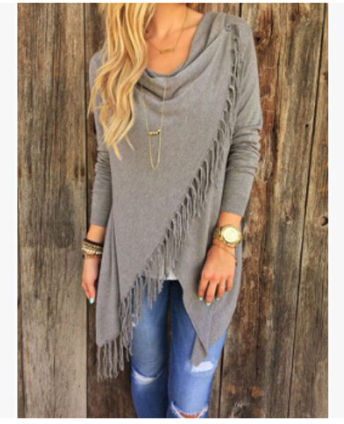 

Tassels Design Fashion Women Tops Long Sleeved Autumn Spring Irregular Sweaters Coats Clothes Wear