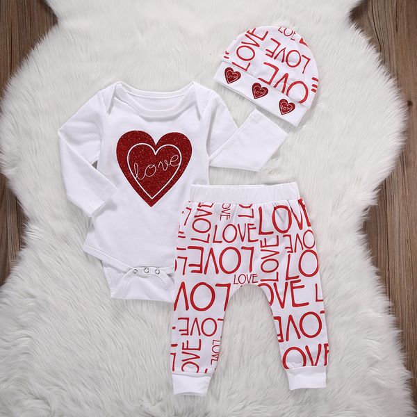 Cute Baby Girl Clothes Flower Heart Pattern Manica lunga Pagliaccetto + Pantaloni + Cappello 3PCS Suit Neonate Abbigliamento Set Infant Toddler Outfit