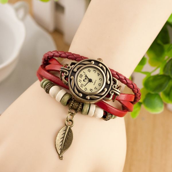 Мода женщины браслет часы плетеные кожаные многослойные бронзовые листья шарм наручные часы для женских наручных часов для дам круглый чехол кварцевые часы ювелирные изделия
